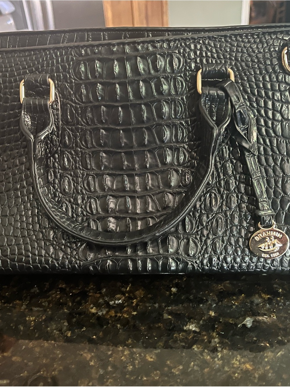Brahmin Black Croc-Embossed Satchel with Gold Hardware